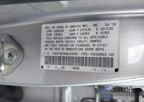 2009 Honda Accord 2.4 Lx from USA, damaged, VIN 1HGCP26399A105005